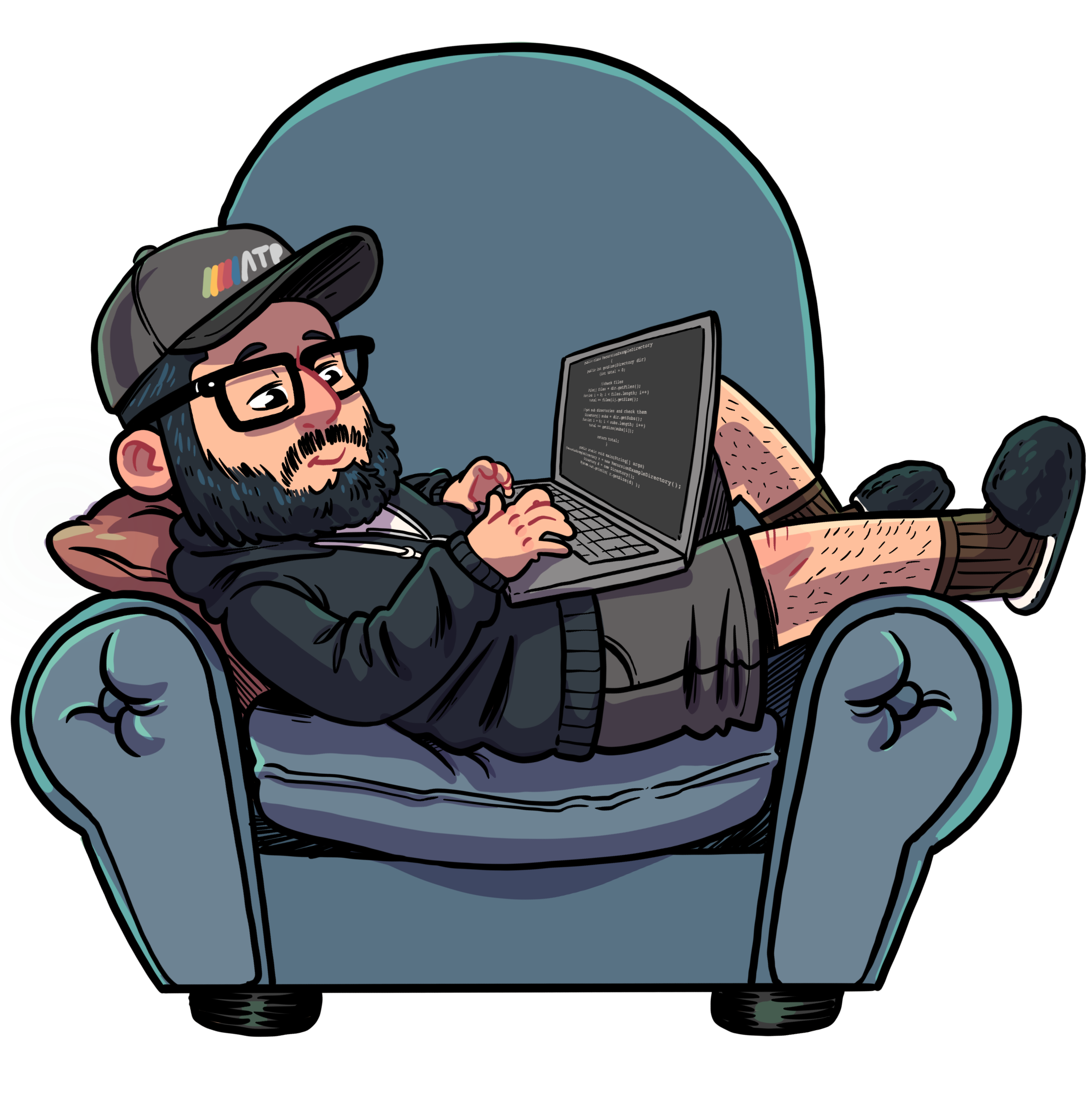 Illustration of Juan laying on a sofa, coding on a laptop.